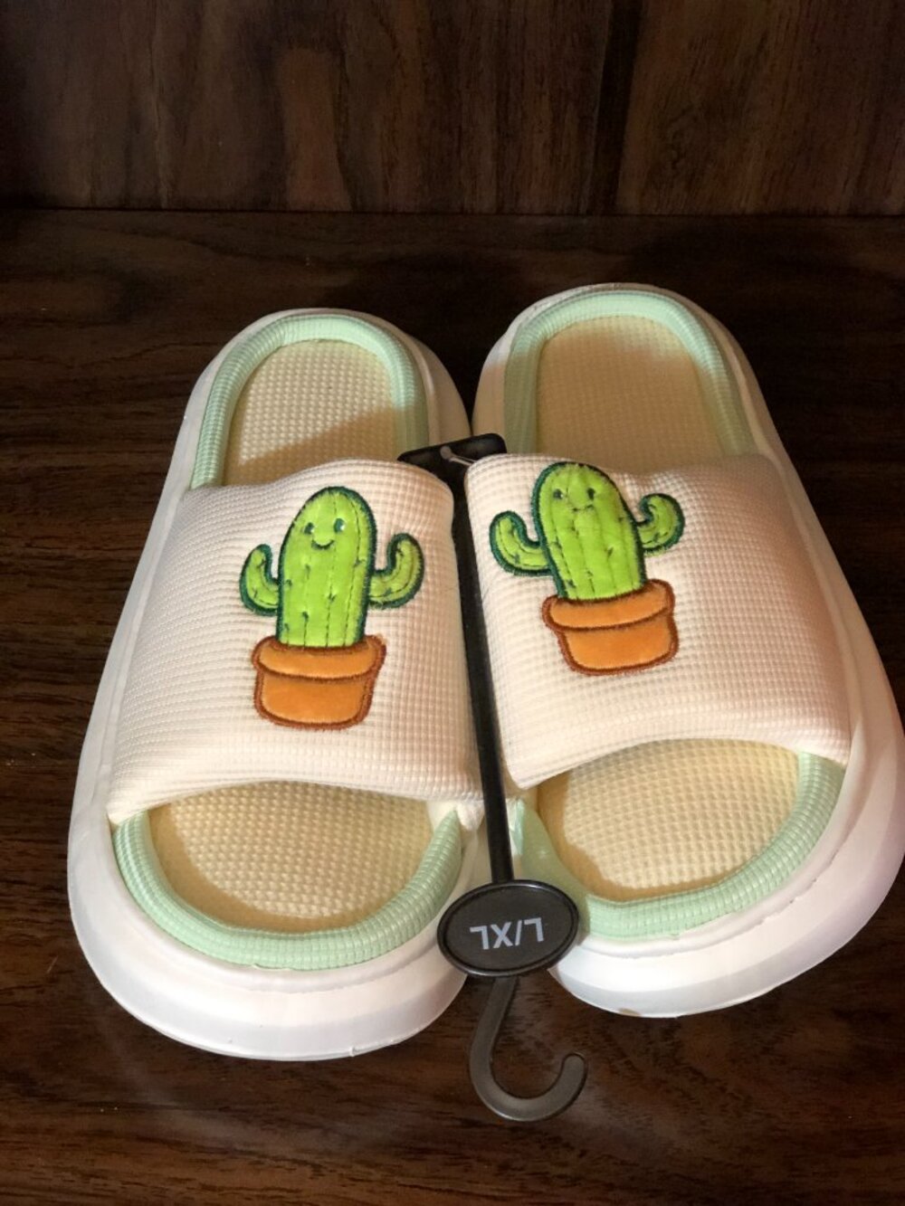 Unisex Cactus Embroidered Slippers - White and Green